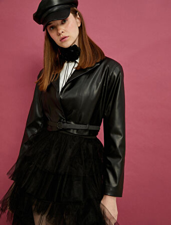 Crop Deri Görünümlü Ceket Ters Yaka Belden Kemer Detaylı