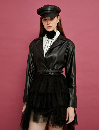 Crop Deri Görünümlü Ceket Ters Yaka Belden Kemer Detaylı