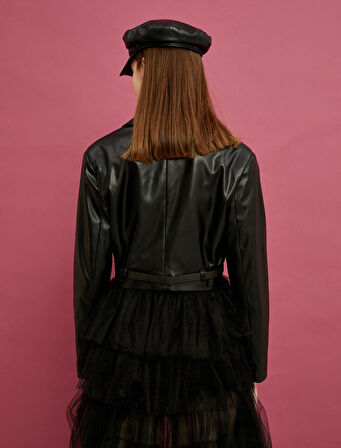 Crop Deri Görünümlü Ceket Ters Yaka Belden Kemer Detaylı