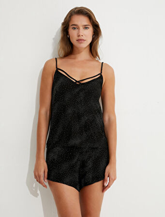 Pijama Üstü İnce Askılı Biye Detaylı Minimal Desenli 