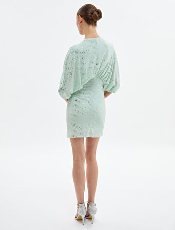 Mini Bodycon Elbise Parıltılı V Yaka Yarasa Kol 
