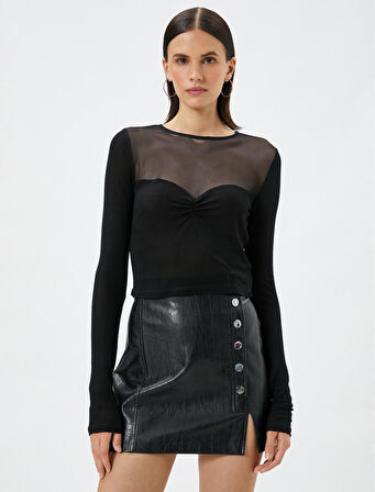 Uzun Kollu Tişört Crop Tül Detaylı Bisiklet Yaka Viskon