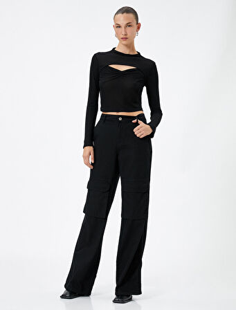 Crop Tişört Uzun Kollu Pencere Detaylı Drapeli