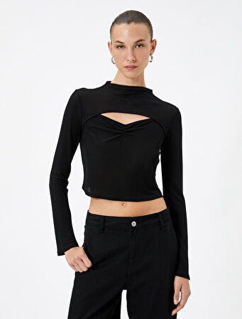 Crop Tişört Uzun Kollu Pencere Detaylı Drapeli