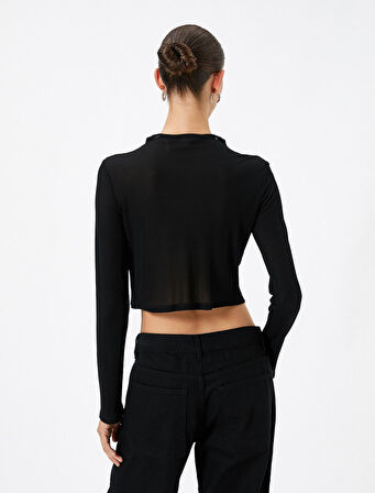 Crop Tişört Uzun Kollu Pencere Detaylı Drapeli