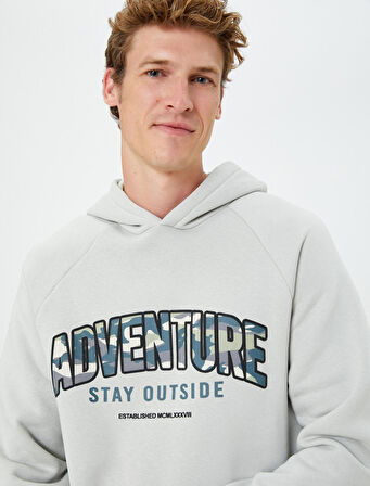 Kapşonlu Sweatshirt Slogan Baskılı Uzun Kollu Ribanalı Şardonlu