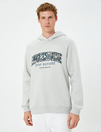 Kapşonlu Sweatshirt Slogan Baskılı Uzun Kollu Ribanalı Şardonlu