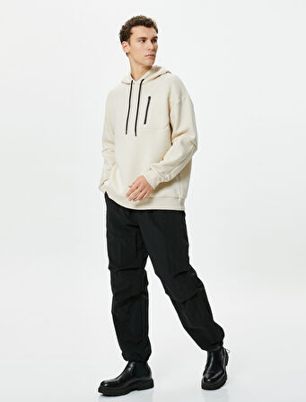 Oversize Hoodie Fermuar Cepli Dikiş Detaylı Uzun Kollu