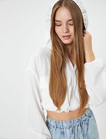 Kapşonlu Crop Paraşüt Gömlek Oversize Uzun Kollu Cepli