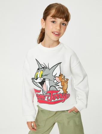 Tom ve Jerry Sweatshirt Lisanslı Şardonlu Uzun Kollu Bisiklet Yaka