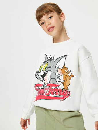 Tom ve Jerry Sweatshirt Lisanslı Şardonlu Uzun Kollu Bisiklet Yaka