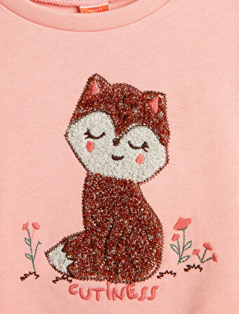 Sweatshirt Kedi İşlemeli Uzun Kollu Bisiklet Yaka Pamuklu Şardonlu