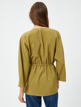Düğmeli Kimono Bluz Beli Bağlamalı Kısa Kollu Dokulu