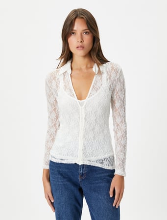 Dantelli Gömlek Düğmeli Uzun Kollu Slim Fit