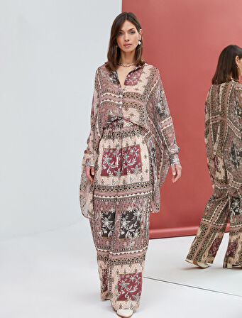 Şifon Gömlek Etnik Desenli Düğmeli Önü Kısa Arkası Uzun