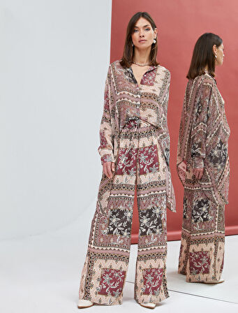 Şifon Gömlek Etnik Desenli Düğmeli Önü Kısa Arkası Uzun