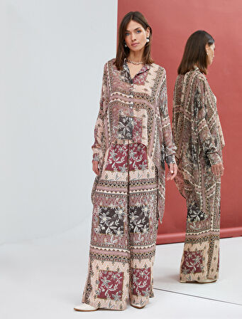 Şifon Gömlek Etnik Desenli Düğmeli Önü Kısa Arkası Uzun