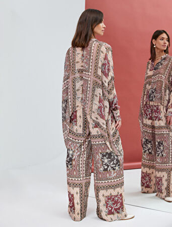 Şifon Gömlek Etnik Desenli Düğmeli Önü Kısa Arkası Uzun