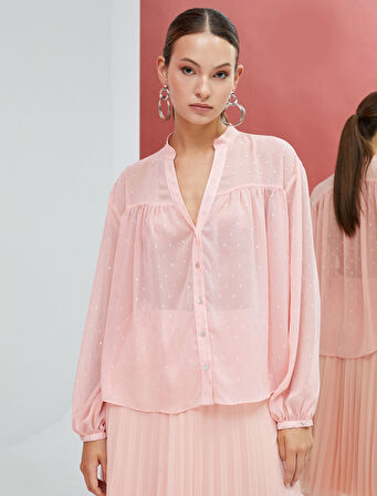 Şifon Gömlek Hakim Yaka Sim Detaylı Düğmeli Uzun Kollu