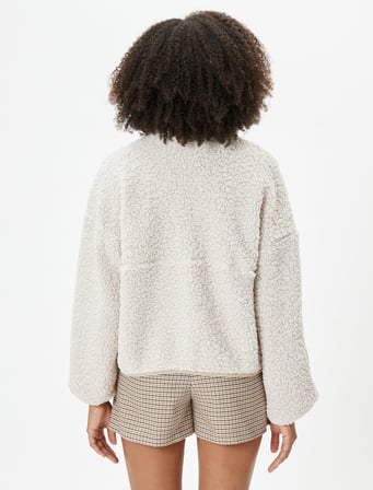 Peluş Sweatshirt Fermuarlı Dik Yaka Cep Detaylı İki Farklı Kumaş Kullanımlı