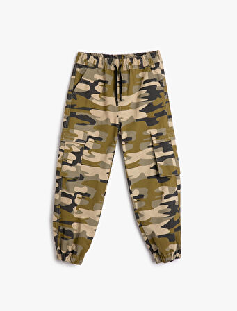 Kargo Jogger Pantolon Kamuflaj Desenli Beli Bağlamalı Pamuklu