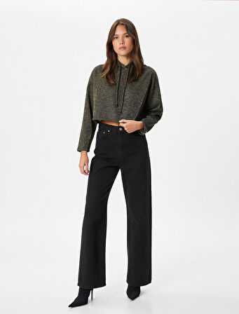 Kapüşonlu Crop Sweatshirt Simli Uzun Kollu