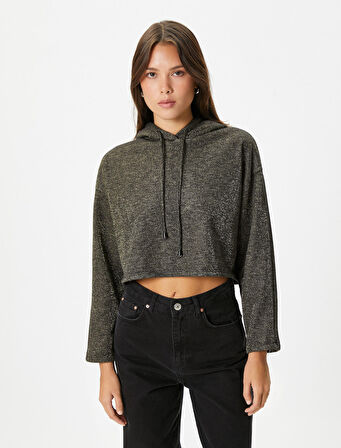 Kapüşonlu Crop Sweatshirt Simli Uzun Kollu