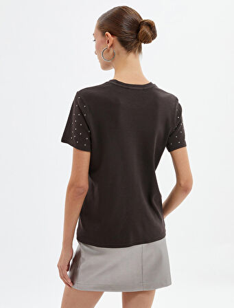 Kısa Kollu Tişört Parlak Taşlı Bisiklet Yaka Pamuklu