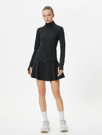 Fermuarlı Spor Sweatshirt Dar Kalıp Dik Yaka Cepli Uzun Kollu
