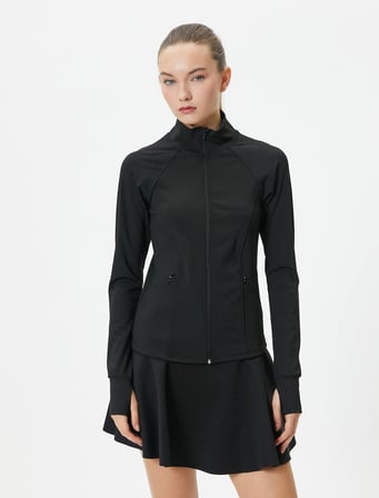 Fermuarlı Spor Sweatshirt Dar Kalıp Dik Yaka Cepli Uzun Kollu