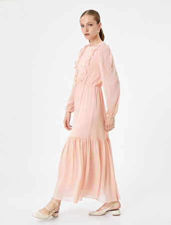 Şifon Uzun Elbise Balon Kol Fırfırlı Bisiklet Yaka