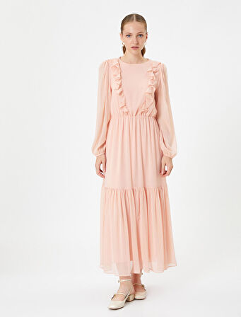 Şifon Uzun Elbise Balon Kol Fırfırlı Bisiklet Yaka