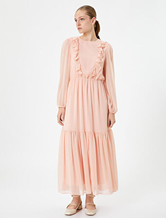 Şifon Uzun Elbise Balon Kol Fırfırlı Bisiklet Yaka