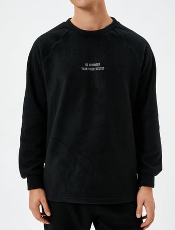 Polar Sweatshirt Slogan İşlemeli Bisiklet Yaka Uzun Kollu