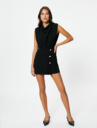 Şort Tulum Drape Yaka Düğme Detaylı