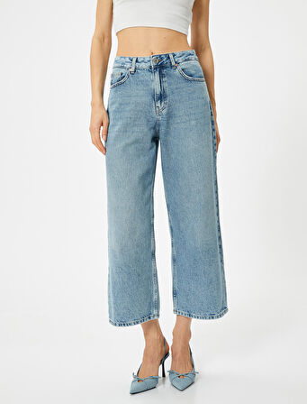 Geniş Kısa Paça Kot Pantolon Standart Bel Pamuklu Cepli - Bianca Crop Jean