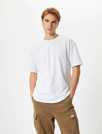 Basic Oversize Tişört Bisiklet Yaka Düşük Omuzlu Kısa Kollu Pamuklu