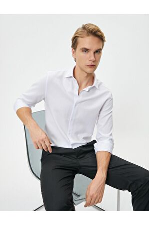 Klasik Gömlek Yarım İtalyan Yaka Düğmeli Uzun Kollu