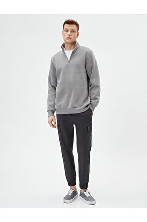 Yarım Fermuarlı Sweatshirt Basic Dik Yaka Ribanalı Uzun Kollu