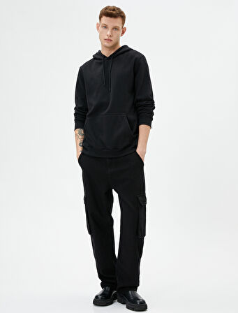 Slogan İşlemeli Hoodie Kanguru Cep Detaylı