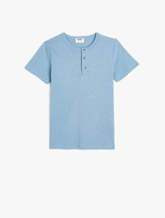 Basic Tişört Yuvarlak Yaka Kısa Kollu Düğmeli Pamuklu