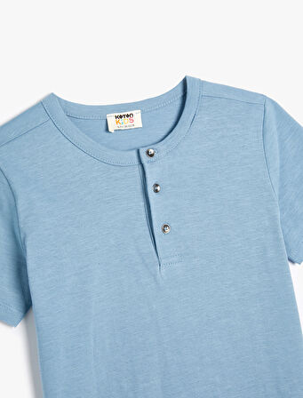 Basic Tişört Yuvarlak Yaka Kısa Kollu Düğmeli Pamuklu