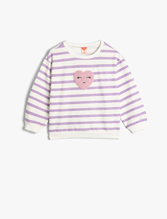 Sweatshirt Bisiklet Yaka Uzun Kollu Kalp Aplikeli Pamuklu