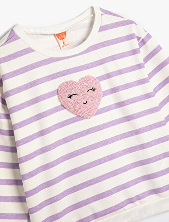 Sweatshirt Bisiklet Yaka Uzun Kollu Kalp Aplikeli Pamuklu