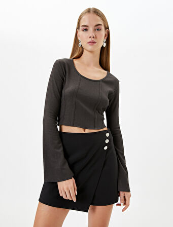 Crop Bluz Korse Detaylı Uzun Kollu U Yaka Ribanalı Bürümcük