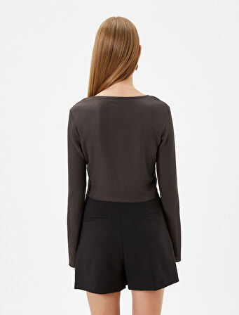 Crop Bluz Korse Detaylı Uzun Kollu U Yaka Ribanalı Bürümcük