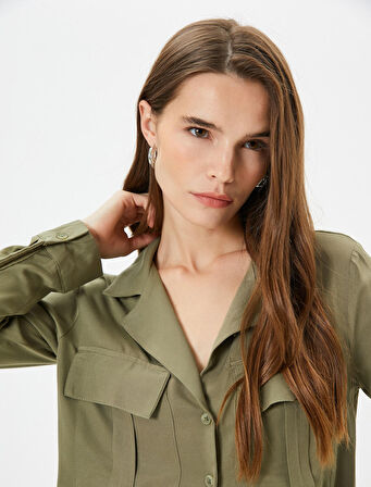 Uzun Kollu Gömlek Kargo Cepli Düğmeli Viskon