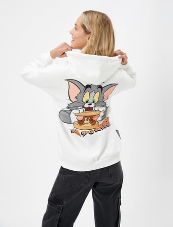 Tom ve Jerry Arkası Baskılı Kapşonlu Sweatshirt Lisanslı