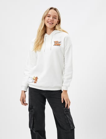 Tom ve Jerry Arkası Baskılı Kapşonlu Sweatshirt Lisanslı