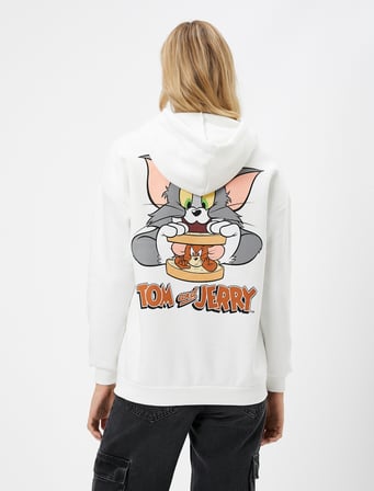 Tom ve Jerry Arkası Baskılı Kapşonlu Sweatshirt Lisanslı
